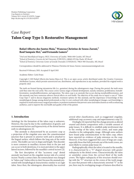 Case Report Talon Cusp Type I: Restorative Management