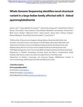 Whole Genome Sequencing Identifies Novel Structural Variant in a Large Indian Family Affected with X - Linked Agammaglobulinemia