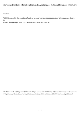 On the Equation of State of an Ideal Monatomic Gas According to the Quantum-Theory, In: KNAW, Proceedings, 16 I, 1913, Amsterdam, 1913, Pp