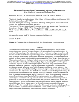 Phylogeny of the Damselfishes (Pomacentridae) and Patterns of Asymmetrical Diversification in Body Size and Feeding Ecology