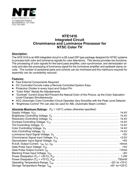 NTE1416 Integrated Circuit Chrominance and Luminance Processor for NTSC Color TV