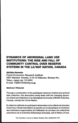 Dynamics of Aboriginal Land Use Institutions: the Rise and Fall of Community Control Over Reserve Systems in the Lil'wat Nation, Canada