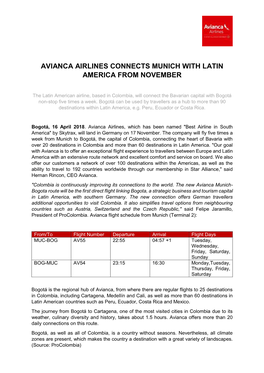 Avianca Airlines Connects Munich with Latin America from November