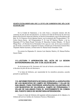 111.-Lectura Y Aprobación Del Acta De La Sesion Extraordinaria Del Dia 12 De Julio De 2019. 112.-Informe Propuesta De Disoluci