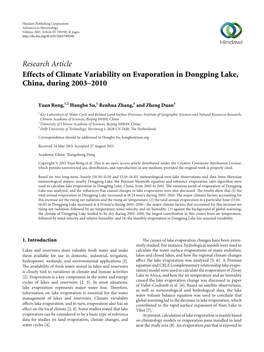 Effects of Climate Variability on Evaporation in Dongping Lake, China, During 2003–2010