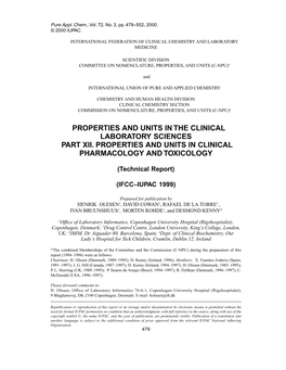 Properties and Units in Clinical Pharmacology and Toxicology