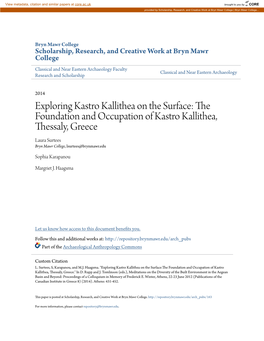 The Foundation and Occupation of Kastro Kallithea, Thessaly, Greece Laura Surtees Bryn Mawr College, Lsurtees@Brynmawr.Edu