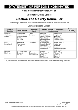 STATEMENT of PERSONS NOMINATED Election of a County Councillor