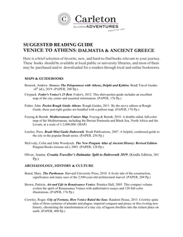 Suggested Reading Guide Venice to Athens: Dalmatia & Ancient Greece