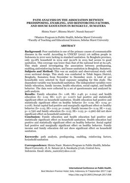 Path Analysis on the Association Between Predisposing, Enabling, and Reinforcing Factors, and House Sanitation in Bengkulu, Sumatera