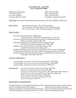 Curriculum Vitae—April, 2015 NYLA R. BRANSCOMBE Department Of