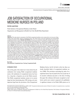 Job Satisfaction of Occupational Medicine Nurses in Poland