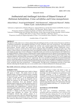 Antibacterial and Antifungal Activities of Ethanol Extracts of Halimium Halimifolium, Cistus Salviifolius and Cistus Monspeliensis