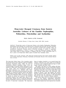 Deep-Water Decapod Crustacea from Eastern Australia: Lobsters of the Families Nephropidae, Palinuridae, Polychelidae and Scyllaridae