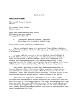 Kellogg Hansen Letter in Support of the Nomination of Andrew Oldham to the U.S. Court of Appeals for the Fifth Circuit