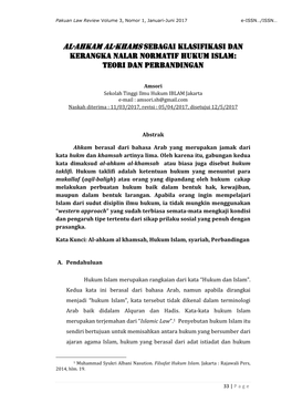 Al-Ahkam Al-Khams Sebagai Klasifikasi Dan Kerangka Nalar Normatif Hukum Islam: Teori Dan Perbandingan