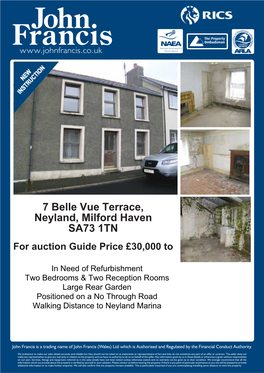 7 Belle Vue Terrace, Neyland, Milford Haven SA73 1TN for Auction Guide Price £30,000 To