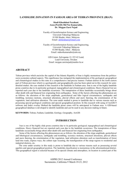 Landslide Zonation in Fasham Area of Tehran Province (Iran) Abstract Introduction