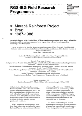 RGS-IBG Field Research Programmes Maracá Rainforest Project Brazil