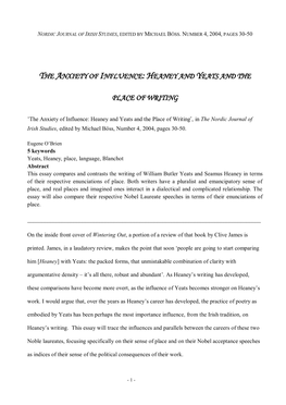 Heaney and Yeats and the Place of Writing’, in the Nordic Journal of Irish Studies, Edited by Michael Böss, Number 4, 2004, Pages 30-50