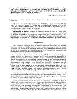 Declaratoria De Desastre Natural Para Efectos De Las Reglas De Operación