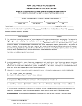Standard Cremation Authorization Form