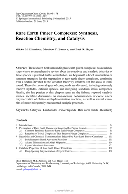 Rare Earth Pincer Complexes: Synthesis, Reaction Chemistry, and Catalysis