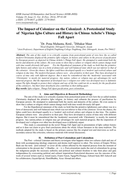 A Postcolonial Study of Nigerian Igbo Culture and History in Chinua Achebe’S Things Fall Apart