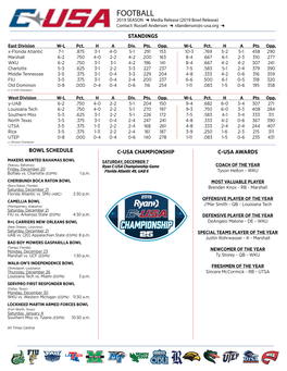 FOOTBALL 2019 SEASON  Media Release (2019 Bowl Release) Contact: Russell Anderson  Rdanderson@C-Usa.Org  STANDINGS East Division W-L Pct