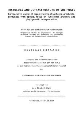 Arachnida, Solifugae) with Special Focus on Functional Analyses and Phylogenetic Interpretations