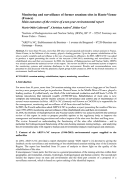 Monitoring and Surveillance of Former Uranium Sites in Haute-Vienne (France) Main Outcomes of the Review of a Ten-Year Environmental Report