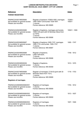 LONDON METROPOLITAN ARCHIVES SAINT NICHOLAS, COLE ABBEY: CITY of LONDON P69/NIC2 Page 1 Reference Description Dates PARISH REGIS