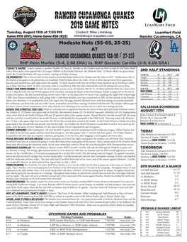 Rancho Cucamonga Quakes 2019 Game Notes