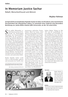 In Memoriam Justice Sachar Rebell, Menschenfreund Und Aktivist