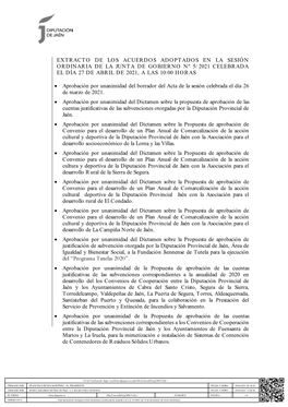 Extracto De Los Acuerdos Adoptados En La Sesión Ordinaria De La Junta De Gobierno Nº 5/2021 Celebrada El Día 27 De Abril De 2021, a Las 10:00 Horas