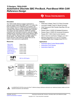 TI Designs: TIDA-01428 Automotive Discrete SBC Pre-Buck, Post-Boost with CAN Reference Design