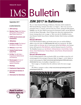 JSM 2017 in Baltimore the 2017 Joint Statistical Meetings in Baltimore, Maryland, Which Included the CONTENTS IMS Annual Meeting, Took Place from July 29 to August 3