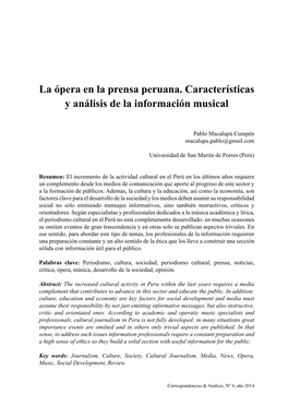 La Ópera En La Prensa Peruana. Características Y Análisis De La Información Musical