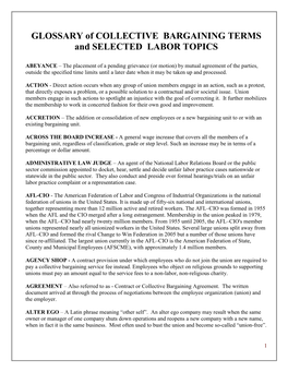 GLOSSARY of COLLECTIVE BARGAINING TERMS and SELECTED LABOR TOPICS