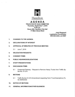 Hamilton AGENDA TRUCK ROUTE SUB-COMMITTEE Thursday, September 1, 2016 9:30 A.M