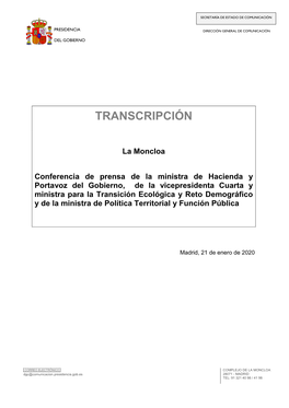 Rueda De Prensa Consejo De Ministros 21.01.2020