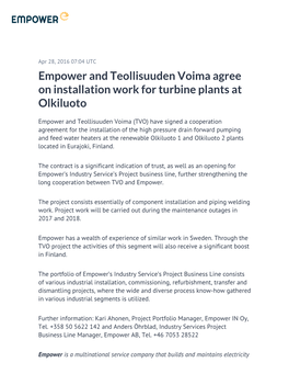 Empower and Teollisuuden Voima Agree on Installation Work for Turbine Plants at Olkiluoto