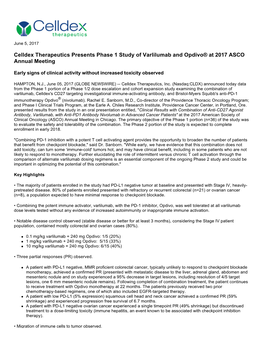 Celldex Therapeutics Presents Phase 1 Study of Varlilumab and Opdivo® at 2017 ASCO Annual Meeting