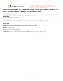Multivariate Analysis to Assess the Quality of Irrigation Water in a Semi-Arid Region of North West of Algeria : Case of Ghrib Dam