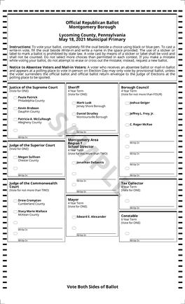 Official Republican Ballot Montgomery Borough Lycoming County, Pennsylvania May 18, 2021 Municipal Primary