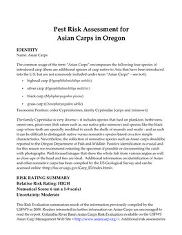 Pest Risk Assessment for Asian Carps in Oregon