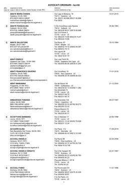 AVVOCATI ORDINARI - Iscritti Albo Cognome E Nome Indirizzo, Data Iscrizione Cass.Ne Luogo E Data Di Nascita, Codice Fiscale, E-Mail, PEC Numero Telefonico E Fax Albo