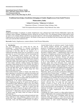 20 Traditional Knowledge of Medicines Belonging to Family Zingiberaceae from South Western Maharashtra, India