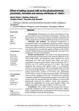 Effect of Adding Coconut Milk on the Physicochemical, Proximate, Microbial and Sensory Attributes of «Dahi»