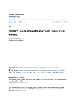 Wilhelm Reich's Character Analysis in Its Historical Context